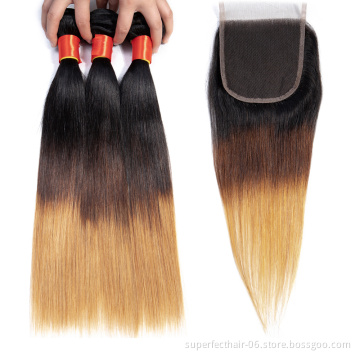 Fast Shipping Wholesale Hair Bundles 1B 4 27 Ombre Color With Lace Closure Brazilian Virgin Remy Hair Weft